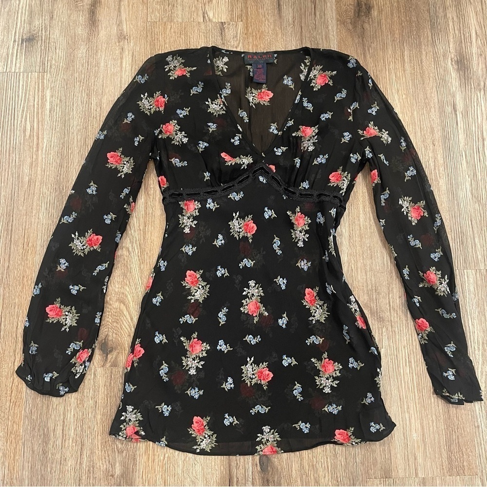 Vtg Y2K Ralph Lauren Blouse Women’s XS Black Floral Sheer Babydoll Long Sleeves